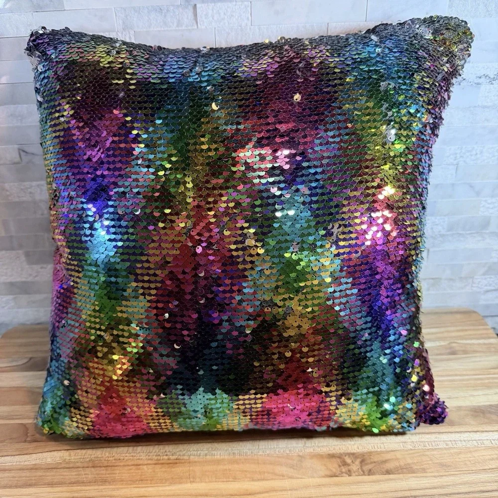 Rainbow Mermaid Flip Sequin Throw Pillow Reversible Silver Black Accent Cushion